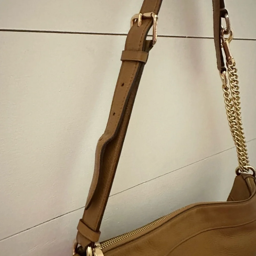Coach Paxton Duffle Pebbled Leather Convertible Chain Strap Shoulder Bag Tan Cam